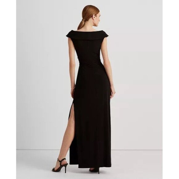 Lauren Ralph Lauren Column Gown Size 12 Black Off Shoulder Side Slit Dress NEW - Picture 2 of 14